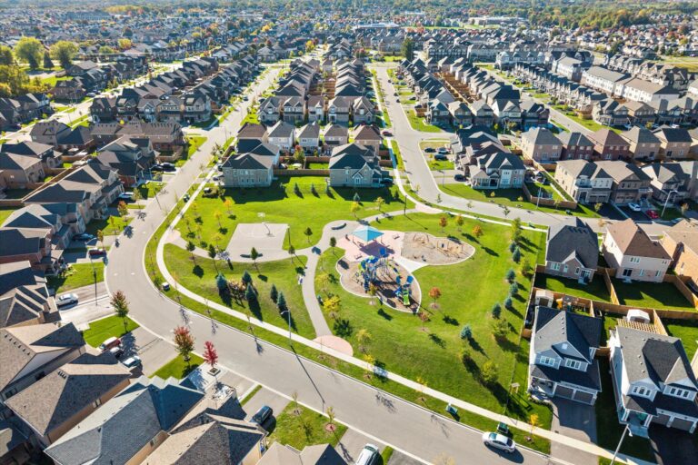 Aerial view of a suburban neighbourhood in Durham Region, Ontario