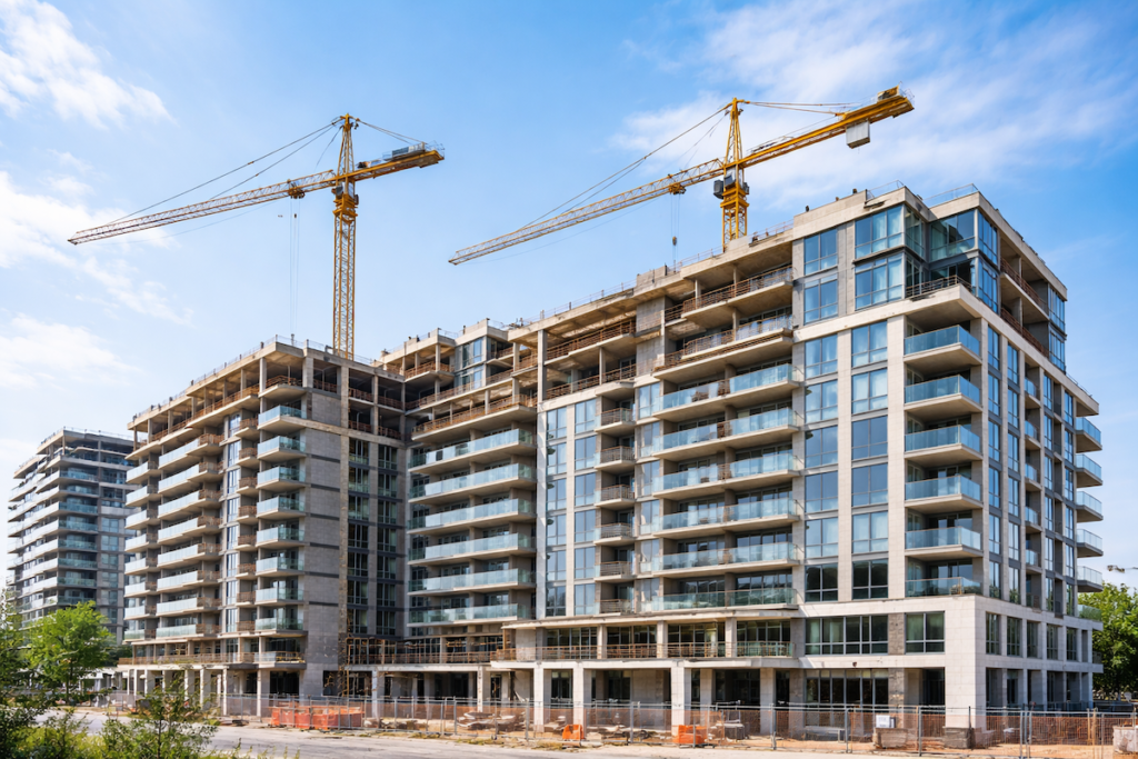 Pre-construction condominium development in Ontario with cranes and new buildings